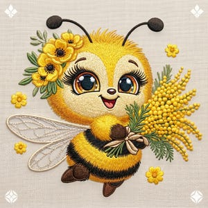 May include: Embroidered image of a smiling cartoon bee with large eyes, wearing a floral crown and holding a bouquet of yellow flowers. The bee has yellow and black stripes, brown feet, and delicate wings. Additional yellow flowers are scattered around the bee.