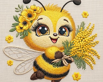 Floral Bee Embroidery Design, Cute Bee Holding Yellow Flowers Machine Embroidery File, Spring Garden Pattern