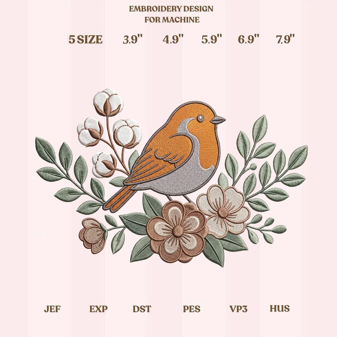 Robin Bird Floral Embroidery Design, Rustic Bird Machine Embroidery ...