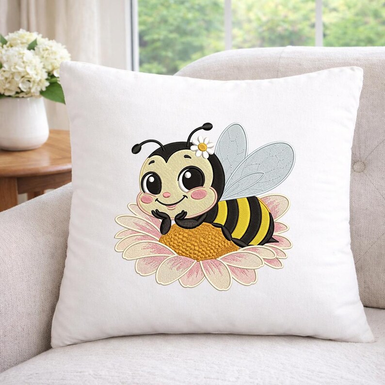 May include: White square pillow with an embroidered design of a cartoon bee resting on a daisy. The bee is black and yellow with a white flower on its head. The daisy is pink and yellow.