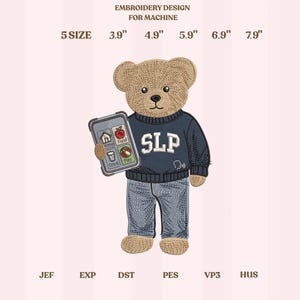 AAC logopedie teddybeer borduurontwerp, SLP beer met OC-apparaat tablet, cadeau speciaal onderwijs therapeut