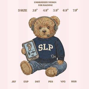 Speech Sprache Pathologie Stickmuster, SLP Teddybär mit Kopfhörer und Listening Tablet, Logopädie Professionelles Geschenk