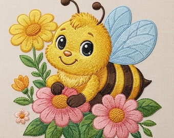 Baby Bee Floral Embroidery Design, Cute Bumblebee with Flowers Machine Embroidery File, Spring Garden Bee Design