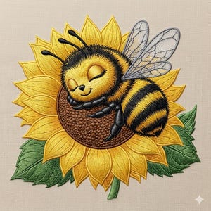 May include: Embroidered image of a cartoon bee sleeping on a yellow sunflower. The bee has black and yellow stripes, black legs, and transparent wings. The sunflower has yellow petals, a brown center, and green leaves.