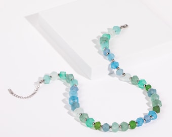Blue-Green Sea Glass Necklace • Hand-Cut Recycled Glass Beads • Statement Boho Jewelry