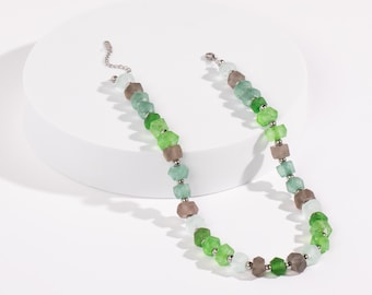 Green Sea Glass Necklace • Hand-Cut Recycled Glass Beads • Statement Boho Jewelry
