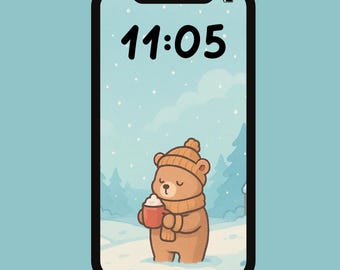 Gemütlicher Winter Bär Tapete, Festliche Tapete, Süßes Tier, Feiertagskunst, Schneebedeckter Hintergrund, Ästhetische Tapete, Digital Download