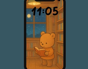 Coole Buchhandlung Bär Handy Wallpaper | Süßer lesender Bär Hintergrund | Warme Bookcore Cottage Szene | Ästhetischer und Kawaii Handy Hintergrund