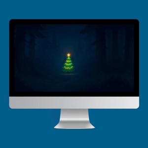 May include: A desktop computer with a silver stand and a black screen displaying a Christmas tree in a dark forest. The tree is decorated with lights and topped with a yellow star. The background is a dark blue.