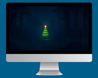 Nachtwald Weihnachtsbaum Hintergrundbilder | Glühender Feiertags-Baum | Gemütlicher Winter Computer Hintergrund | 4K Ästhetischer Digitaler Download