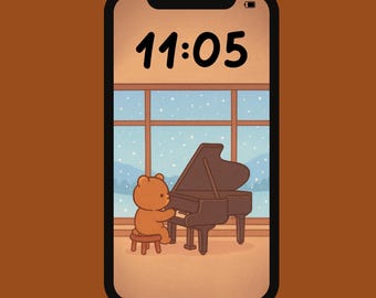 Gemütliche Klavier Bär Handy Wallpaper | Niedliche Winter-Haus-Hintergrund | Bär spielt Klavier, verschneite Fensterszene | Ästhetische Kawaii Tapete