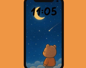 Süße Bären-Tapete zum Beobachten von Sternengucken - Kawaii-Bär in den Wolken, verträumter Nachthimmel-Telefonhintergrund, gemütliche ästhetische Sternenmalerei, Tiertapete