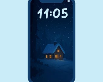 Gemütliche Hütte Nachtwald Tapete, Winter verschneite, festliche Tapete, Weihnachtsästhetische Handy Tapete, digitaler Download