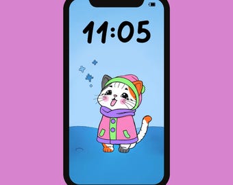 Niedliches Kätzchen Winter Tapete – Entzückende Katze fängt Schneeflocken mit ihrer Zunge, gemütlicher Weihnachtshandy Hintergrund, Kawaii Schneekatze Kunst