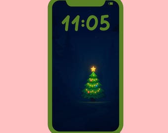 Nachtwald Weihnachtsbaum Handy Hintergrundbilder | Glühender Feiertags-Baum | Winter Hintergrund für Handy | Ästhetischer Digitaler Download