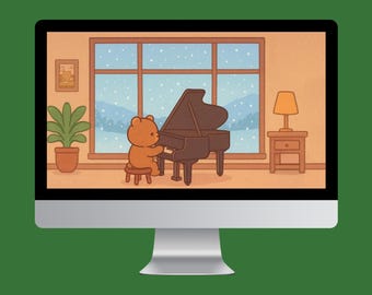 Gemütliches Piano Bear Desktop Hintergrundbilder | Niedliche Winter-Haus-Hintergrund | Bär spielt Klavier, verschneite Fensterszene | Ästhetischer 4K Computer Hintergrund