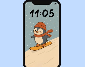 Kawaii Pinguin Snowboarding Wallpaper, niedlichen Winter Telefon Hintergrund, verschneite ästhetische digitale Download iPhone & Android Wallpaper Pinguin Art