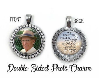 2 Sided Personalized Wedding Bouquet Memorial Charm - Rhinestone Crystal Custom Photo Pendant - Loved one in Heaven In Memory Picture Charm