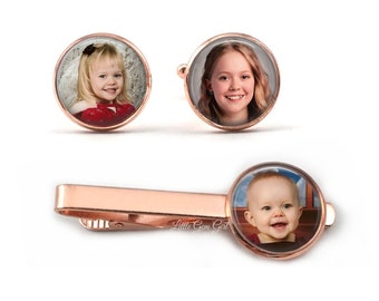 Custom Photo Father's Day Tie Bar and Cuff Links Set - Rose Gold Cufflinks - Personalized Picture Gift for Dad - Baby Photo Gifts