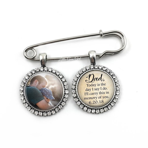 Custom Photo Groom Lapel Pin - 2 Charm Rhinestone Lapel Pin - Wedding Boutonniere Photo Pendant - Dad Memorial Pin