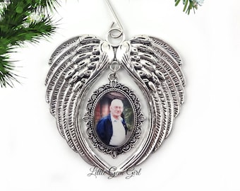 Custom Photo Memorial Christmas Tree Ornament - Personalized In Memory Holiday Decoration - Silver Angel Wings Heaven Ornament