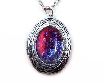 Czech Glass Mexican Opal Locket - Dragons Breath Small Locket Silver, Copper or Gunmetal Locket - Vintage Glass Fire Opal Necklace