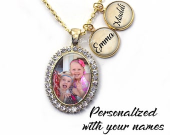 Custom Photo Necklace with Name Charms in Gold or Silver Rhinestone Pendant - Personalized Name Picture Necklace
