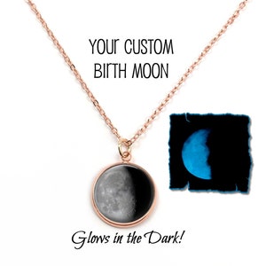 Glow in the Dark Rose Gold Custom Birth Moon Necklace - Glowing Moon Phase Charm - Your Personalized Birthday Moon Jewelry