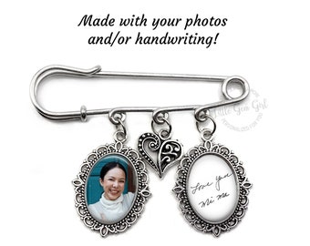 Personalized Lapel Pin with 2 Photos or Handwriting Charms - Custom Bride or Groom Wedding Memorial Pin Gift - Handmade by Little Gem Girl