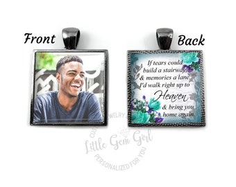 Memorial Double Sided Photo Charm - If Tears Could Build a Stairway Heaven Poem Necklace or Key Chain - Personalized Wedding Bouquet Charm