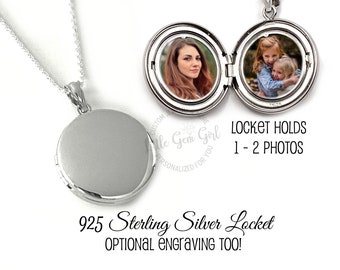 925 Sterling Silver Round Custom Photo Locket Pendant - Optional Engraving on Front and Back - Personalized Picture Charm Necklace