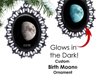 Glow in the Dark Custom Birth Moon Christmas Ornament - Personalized Lunar Glowing Moon Phase Tree Ornament - Rhinestone Snowflake Charm