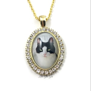 Custom Photo Oval Necklace in Silver or Gold Finish - Personalized Picture Charm - Rhinestone Crystal Pendant