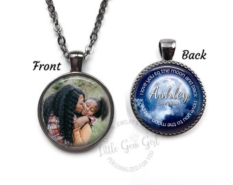 I love you to the Moon and Back Necklace with Custom Photo - Personalized Double Sided Picture Moon Pendant with Name