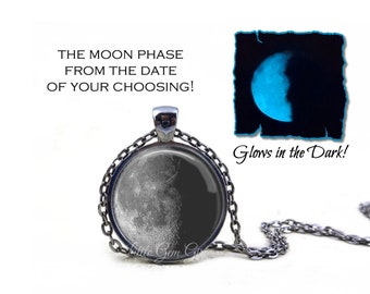 Custom Glowing Birth Moon Necklace - Glow in the Dark Personalized Lunar Phase Pendant or Key Chain Charm - Birthday Moon Jewelry