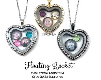 Custom Picture Jewelry - Floating Heart Locket with Premium Crystal Birthstones, Photo, Name Charms - Mothers Day Mom Necklace