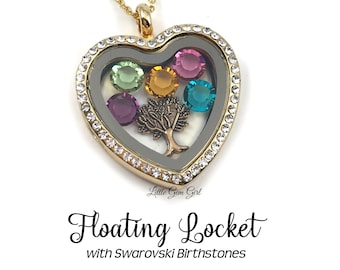 Family Tree Rhinestone Heart Floating Locket with Birthstone Charms  - Custom Birthstone Mothers Day Necklace