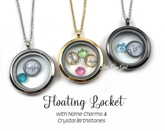 Custom Name Necklace - Floating Rhinestone Locket with Birthstones and Name Charms - Mothers Day Mom Necklace - Premium Crystals