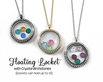 Floating Birthstones Charm Locket with Rhinestones Custom Premium Crystal Birthstones Mothers Day Necklace - Living Locket
