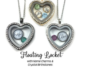 Custom Name Necklace - Floating Heart Locket with Premium Crystal Rhinestone Birthstones and Name Charms - Mothers Day Mom Necklace