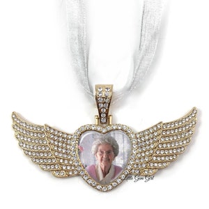 Rhinestone Heart Custom Photo Memorial Charm - In Memory Christmas Ornament or Cremation Urn Charm - Personalized Angel Wing Picture Pendant