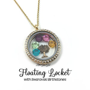 May include: Gold chain necklace with a round floating locket. The locket has a clear glass face with a small tree charm and five colorful birthstones inside. The text "Little Gem Girl" and "Floating Locket with Swarovski Birthstones" is printed below the locket.