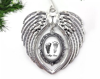 Custom Baby Photo Footprint Christmas Tree Ornament - Personalized Baby Foot Print Ornament - Silver Angel Wings Heaven Ornament