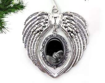 Custom Photo Miscarriage Christmas Tree Ornament - Personalized In Memory Ornament - Silver Angel Wings Heaven Ornament