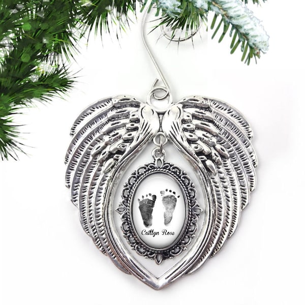 Custom Baby Photo Footprint Christmas Tree Ornament - Personalized Baby Foot Print Ornament - Silver Angel Wings Heaven Ornament