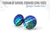 Metallic Blue Green Dragon Scale Earrings - Blue Dragon Egg Studs Titanium or Surgical Stainless Steel - Mermaid Scale Earrings Small Studs