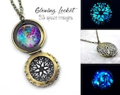 Glow in the Dark Galaxy Necklace - 23 Images Glowing Space Locket Silver, Rose Gold, Gold, Gunmetal - Nebula Stars Solar System Glow Jewelry