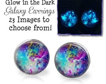 Glow in the Dark Galaxy Post Earrings - 23 Images in 7 Finishes - Fox Fur Nebula Stud Earrings - Outer Space Glowing Constellation Studs