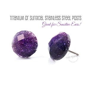 8mm or 12mm Purple Black Ombre Glitter Studs - Galaxy Glitter Earrings with Titanium or Stainless Steel Posts - Small Purple Crystal Studs