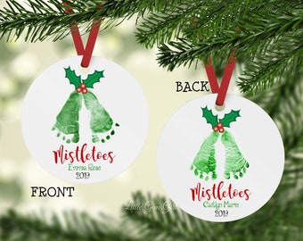 Personalized Baby Christmas Ornament with Actual Footprints - Double Sided for Twins or 2 Kids - Custom Mistletoes Name Date Ornament